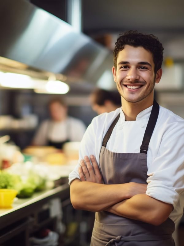 Portrait of a Cheerful Young Chef with Crossed Arms Standing in a Professional Kitchen